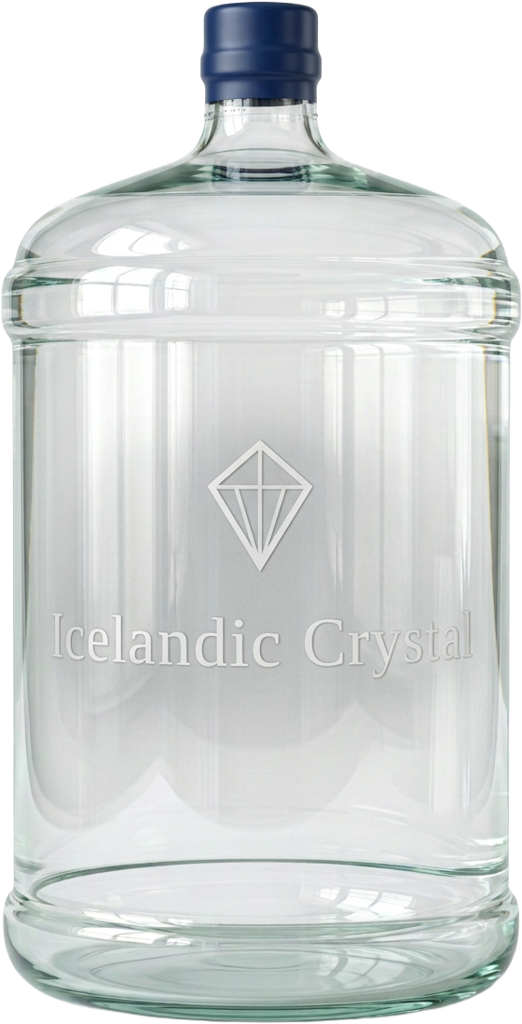 Icelandic Crystal 5-gallon glass bottle with sealed cap and the logo etched into the glass (illustrative)