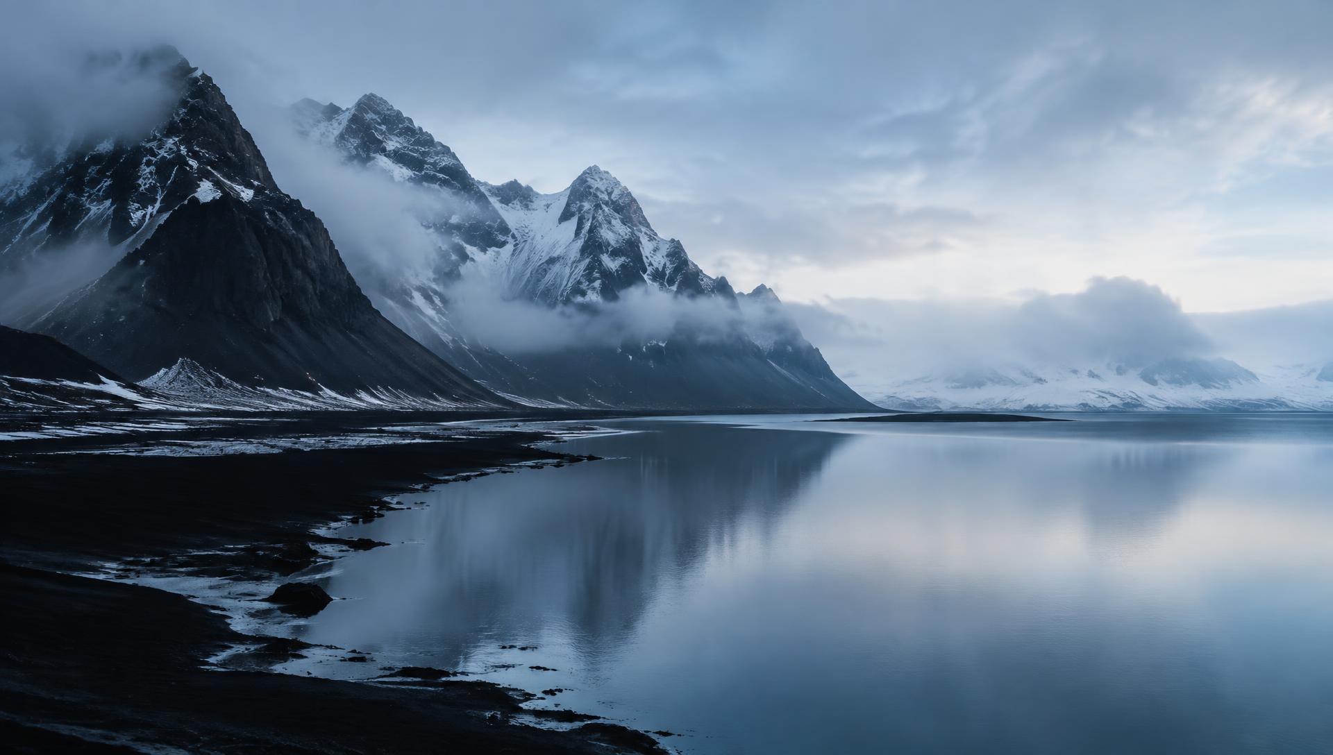 Misty Icelandic mountains reflected in still water (illustrative)